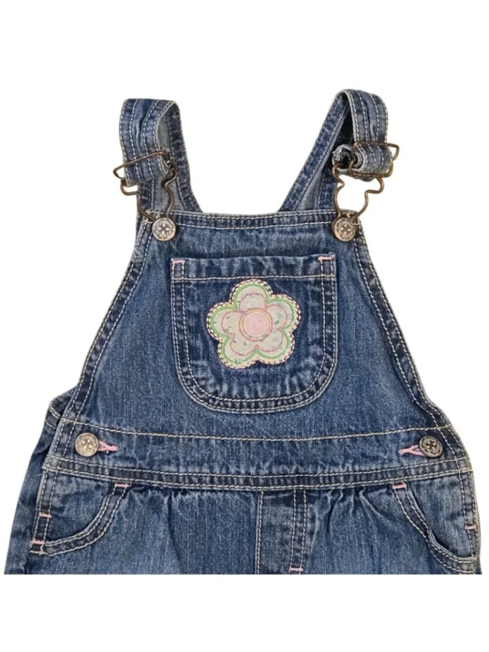 OshKosh Bgosh Infant Girls Denim Overalls Shortalls 18 Months Flower Embroidery